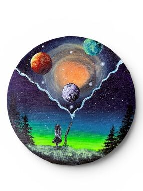 Cosmic Night Sky Round Canvas Art - Green & Purple Space Scene 8 inches